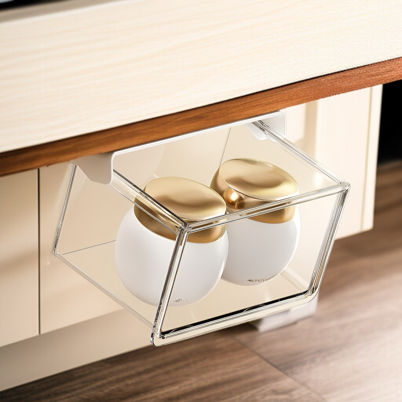 33°の傾斜角度で出し入れしやすいテーブル下収納ボックス。シンプルで透明な引き出し式で、オフィス、トイレ、洗面台、バスルームなどに最適な防水収納ボックスです。