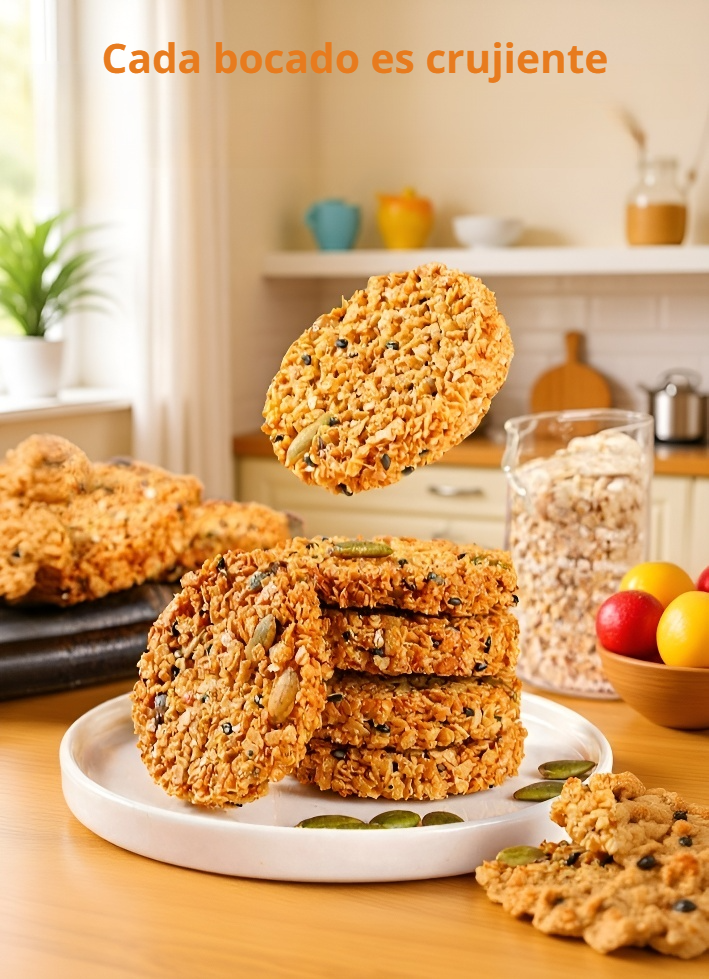 Snack saludable de avena con semillas de calabaza sobre mesa de madera