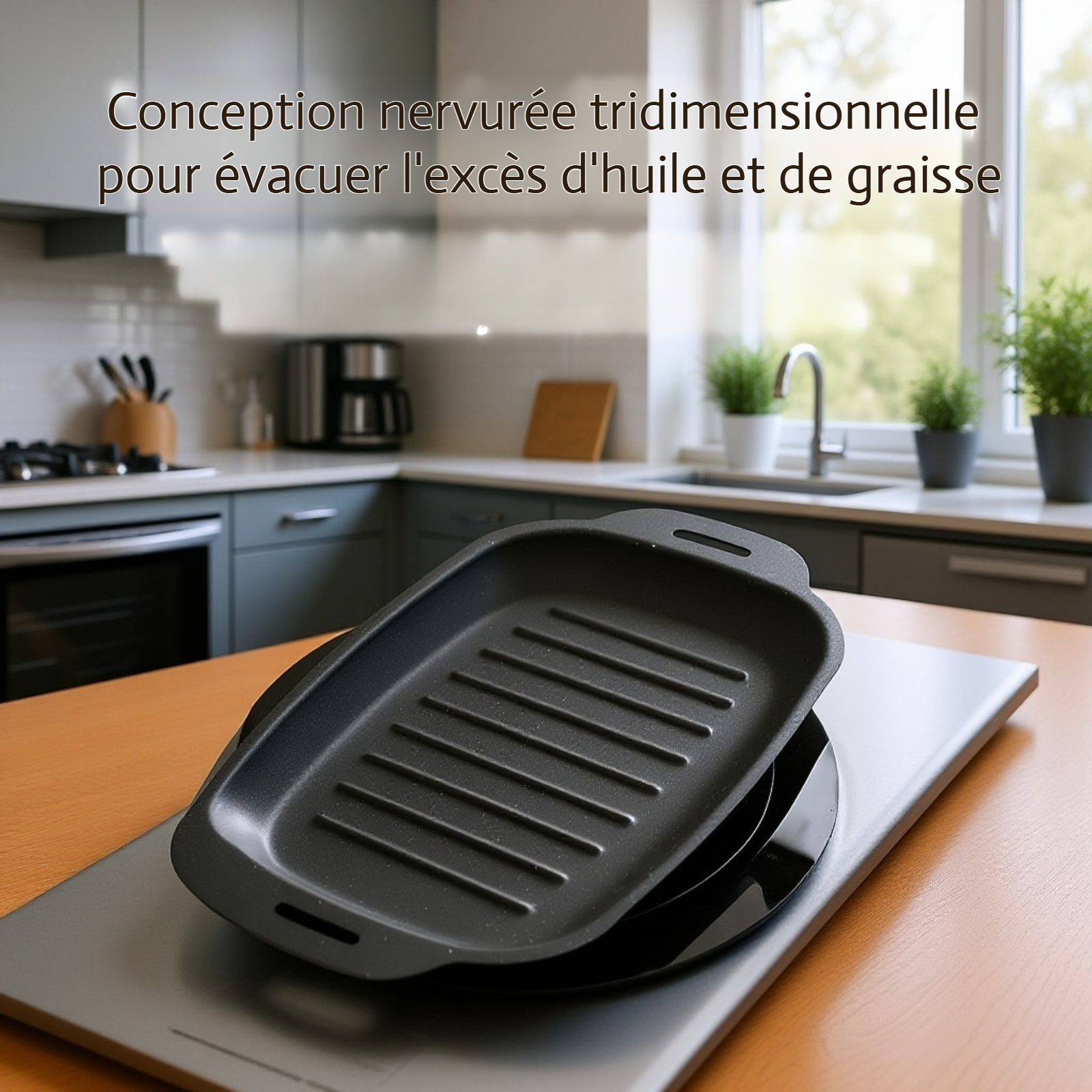 Rectangular BBQ grill pan with food cooking outdoors