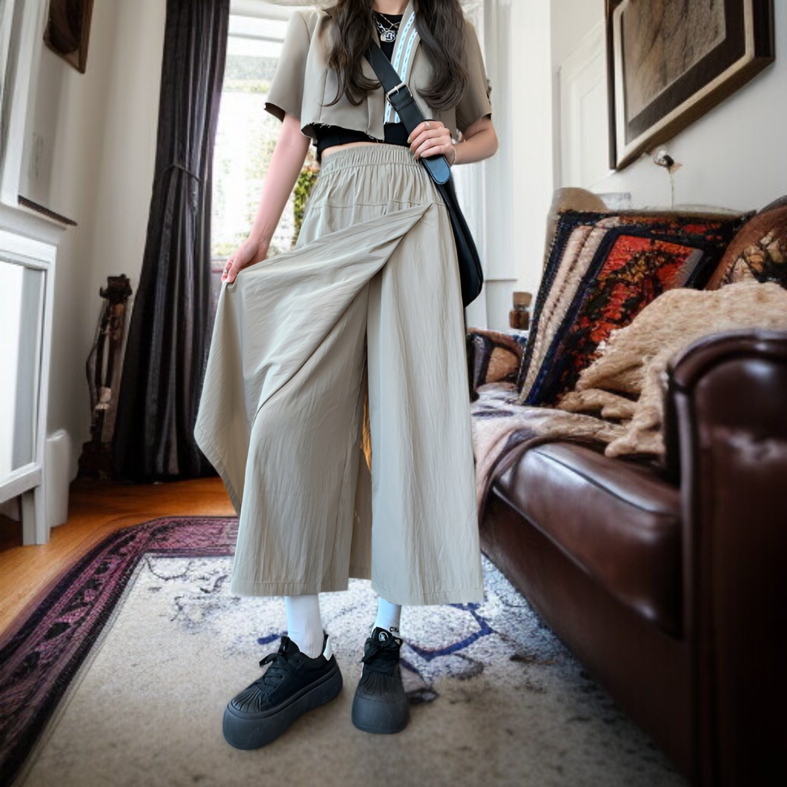 グレーヤマモトワークウェアスカートパンツレディース夏レディースハイウエストパンツAラインスプリットスカートパンツ小さいサイズアイスシルクワイドレッグパンツ