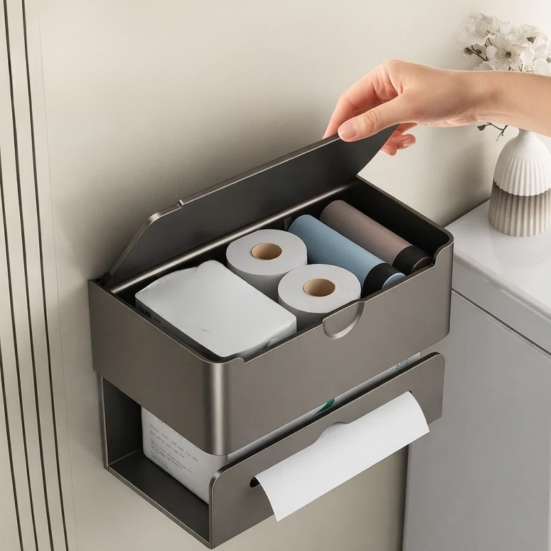 Wasserdichte wandmontierte Taschentuchbox mit Regal im modernen Badezimmer