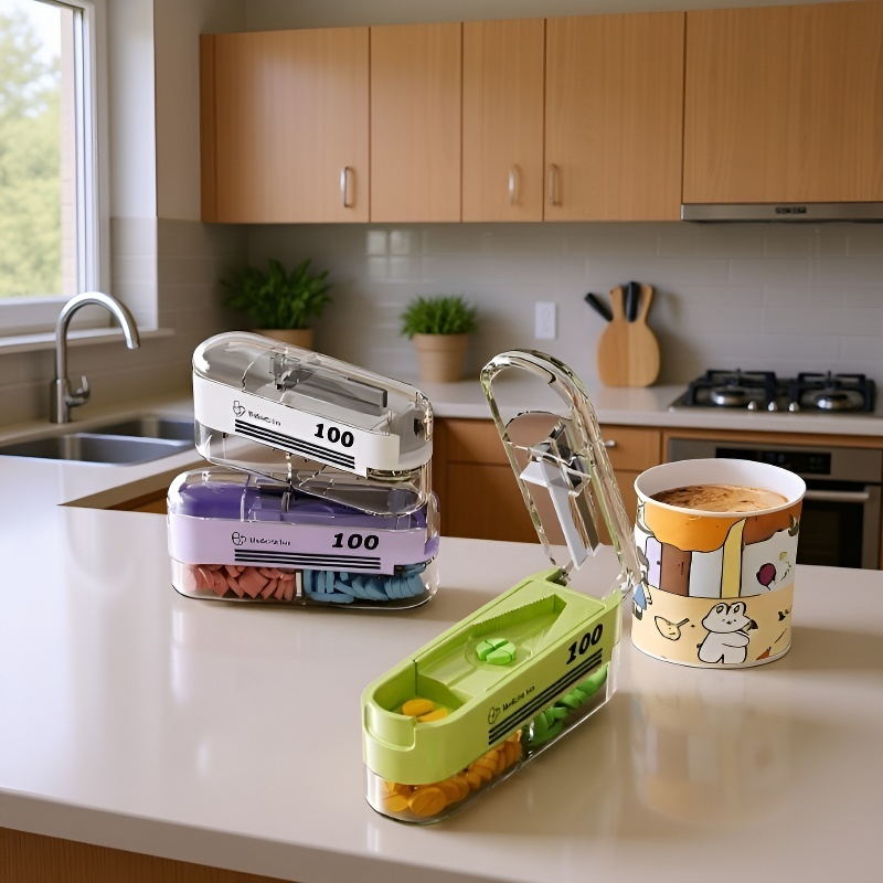 Pastillero portátil con cortador y cierre hermético