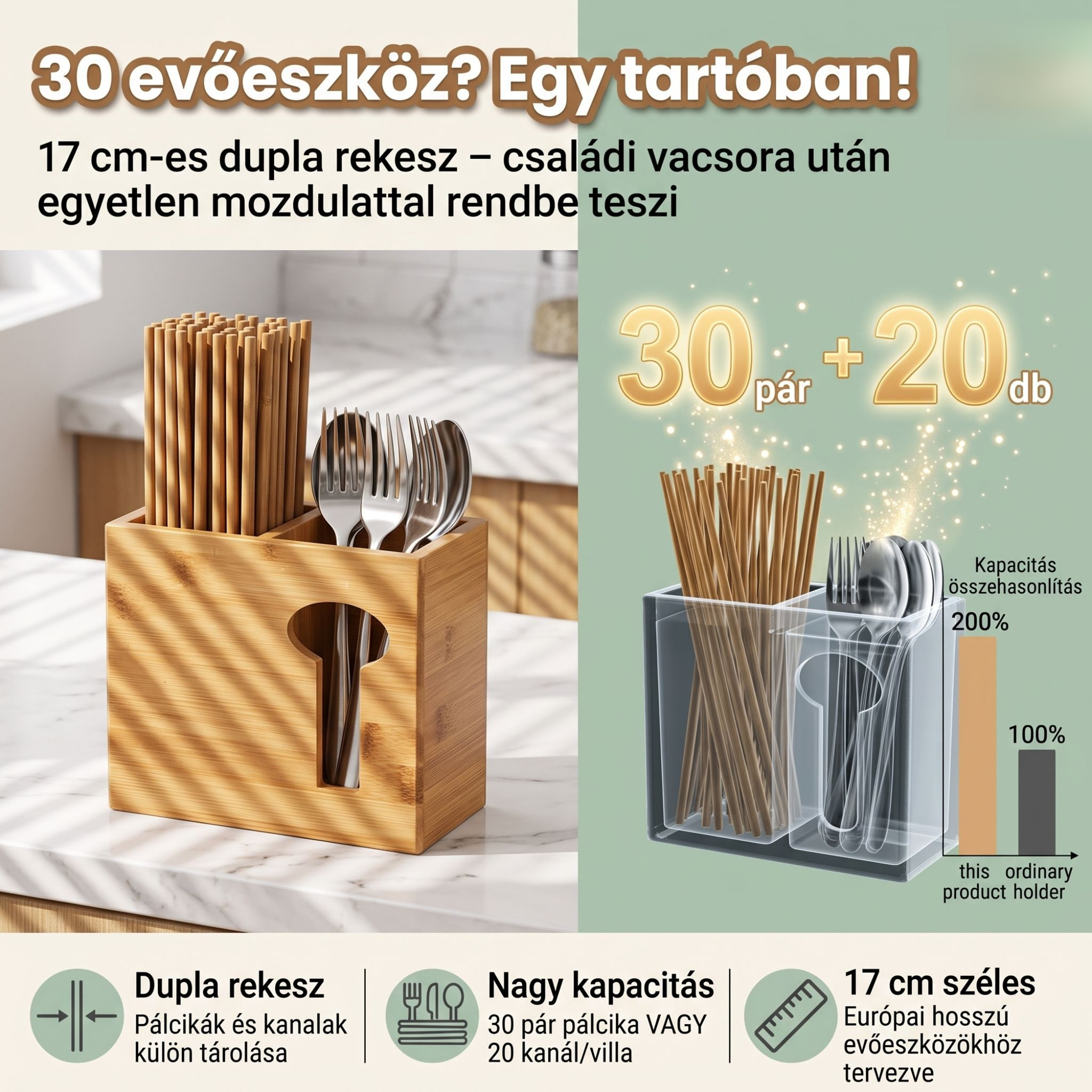 Háztartási bambusz evőpálcika csepegtető tárolódoboz