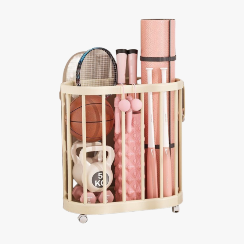 Home Fitness Equipment Storage Frame with Wheels Movable Yoga Mat Tool Storage Basket