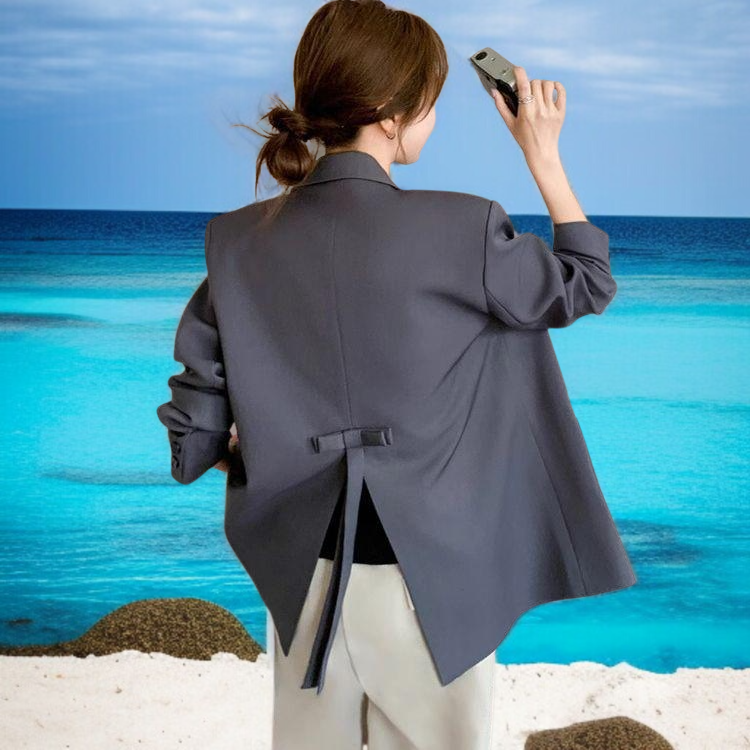리본 정장 여심기 디자인 그레이 여성 캐주얼 트임 정장 코트