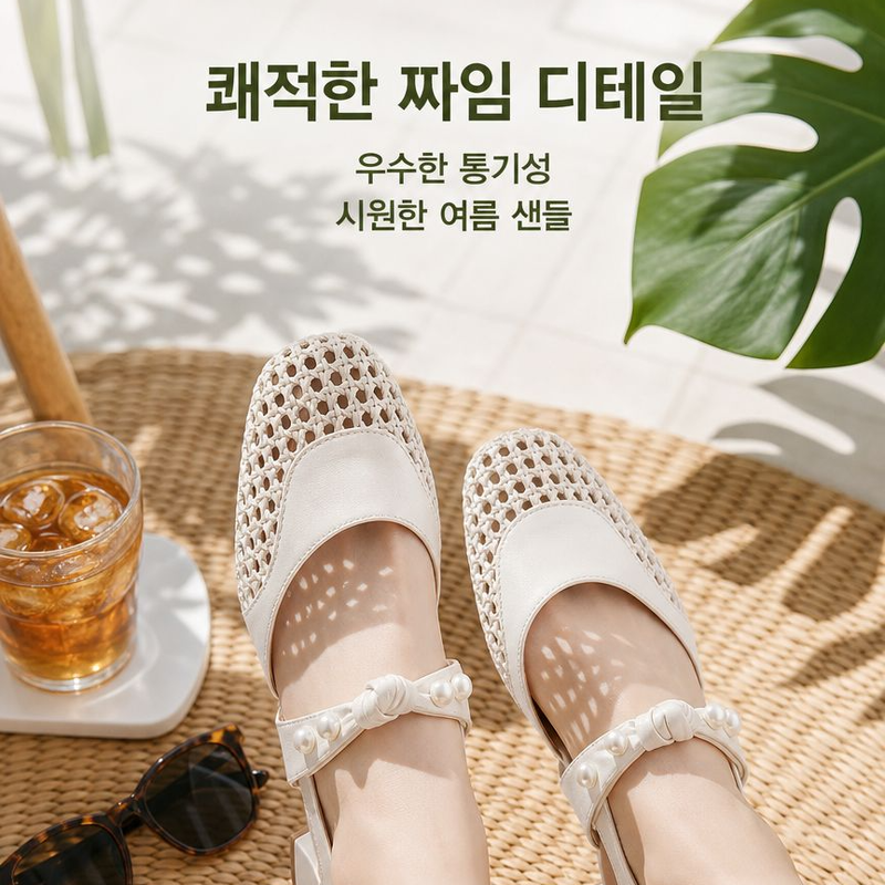 프렌치 위빙 진주장식 통굽 샌들