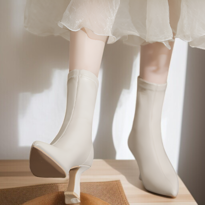 女性用スティレットショートブーツ2025年秋冬新作ポインテッドブーツ気質シンプル無地ブーツ後ろジッパーミドルカーフブーツ疲  れないブーツ