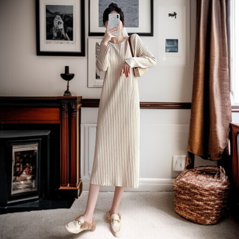 겨울 도톰 기모 레깅스 니트 원피스 슬릿 긴팔 라운드 이너 미디 일자 스커트