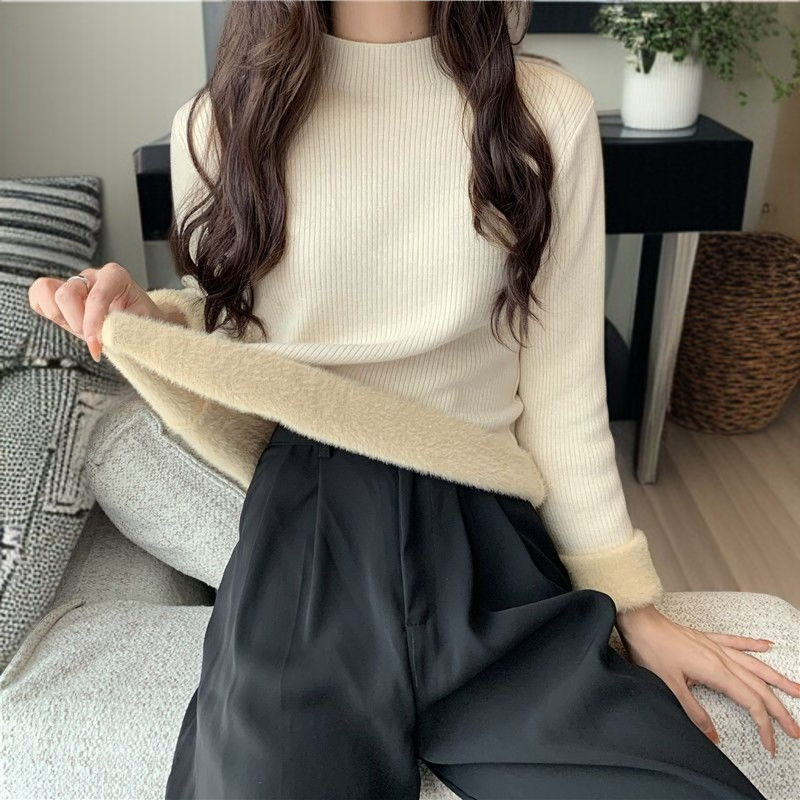 中わた入り厚手ニットレディース長袖ワンピースフリーストップス秋冬ボトムスシャツハーフハイネックニットソー