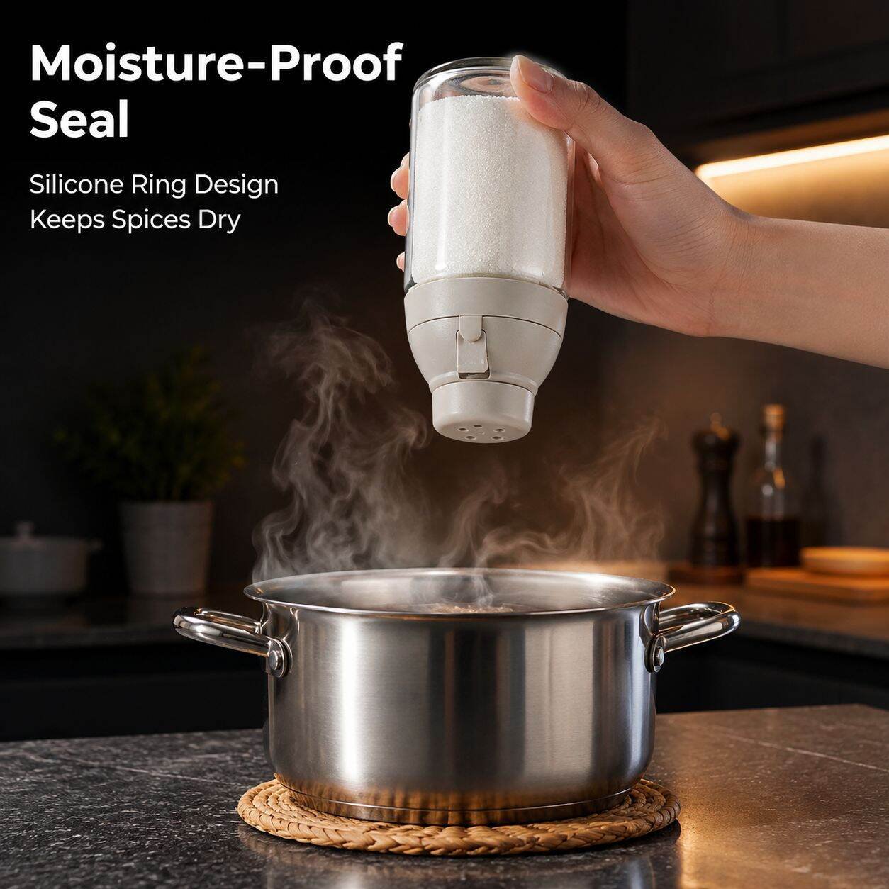 Salt-Control Measuring Dispenser - Sealed Glass Spice Jar