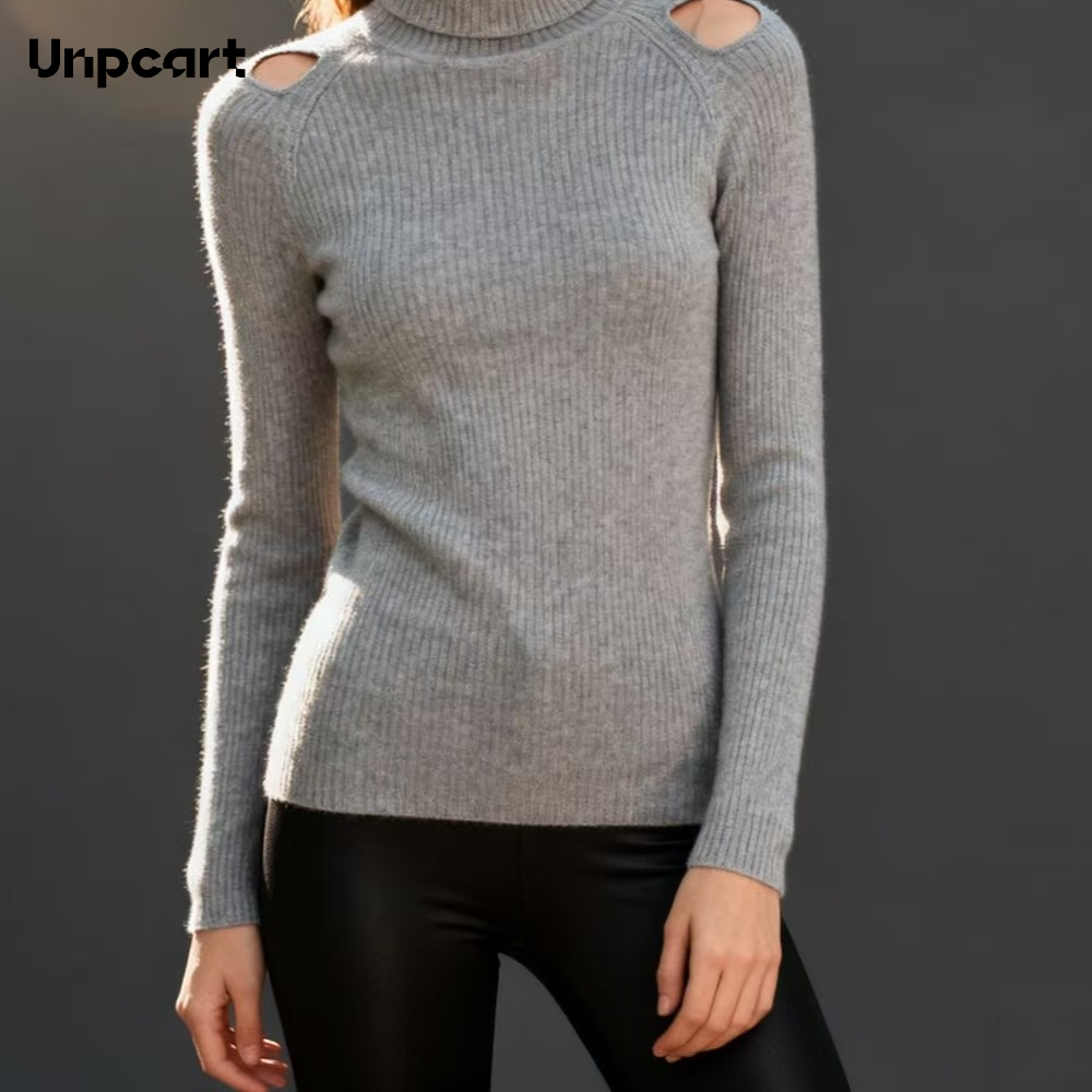 가을과 겨울을 위한 여성용 회색 두꺼운 울 니트 스웨터, 고급스러운 느낌, 몸에 꼭 맞는 허리 탑