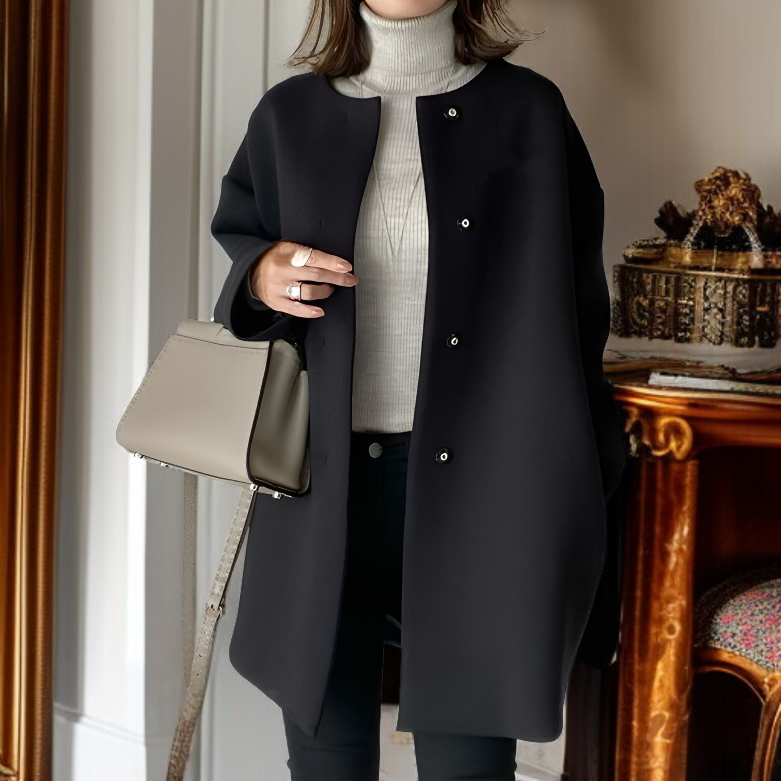上質な和風レディースウールオーバーコート全体画像