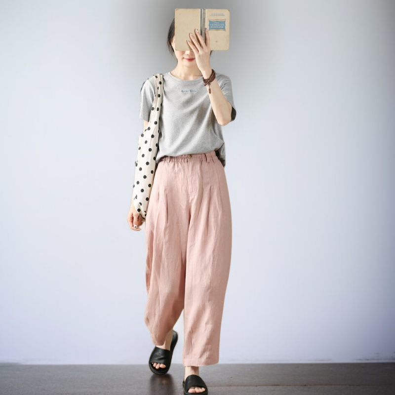レディース シワ加工コットンリネン カジュアル ワイドレッグパンツ