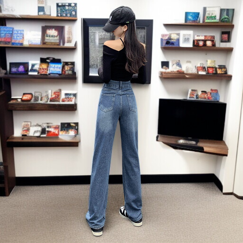 ハイウエストストレートドラッグパンツ プチゆるジーンズ エアリーワイドレッグドラッグパンツ