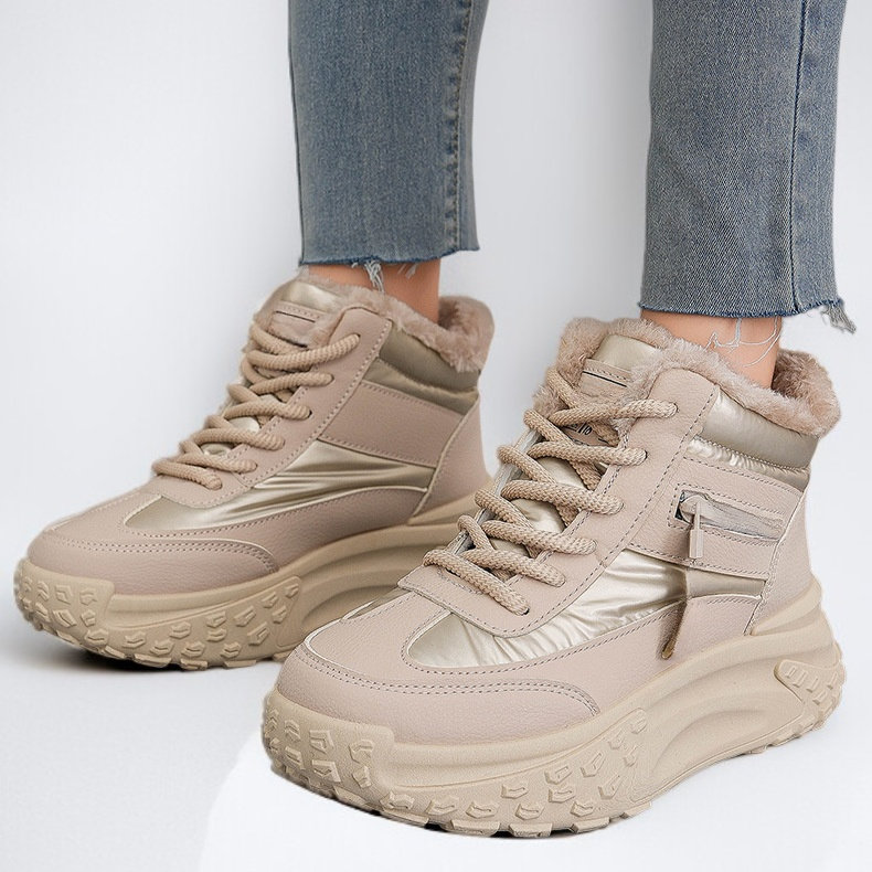 フリース裏地、滑り止め、防水ダウンレザーを使用した、身長アップ効果のあるレディースブーツ