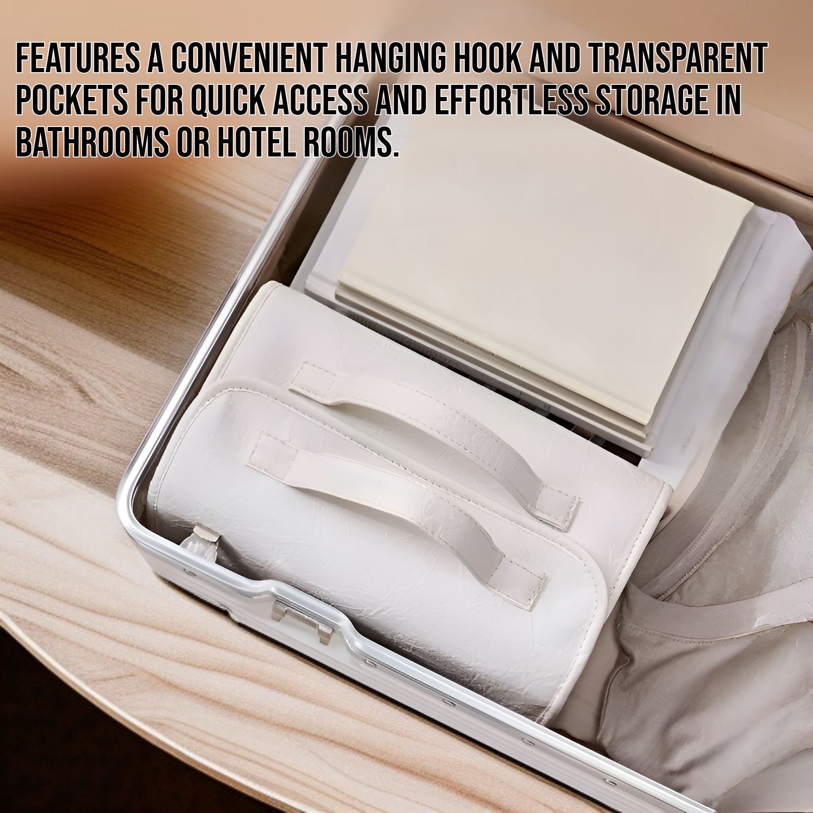 Foldable large capacity toiletry bag for women displayed on bathroom counter