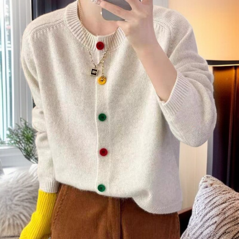 연령감소 쇼트 니트 카디건 코트 루즈 라운드 니트 카디건 단추 니트 카디건녀