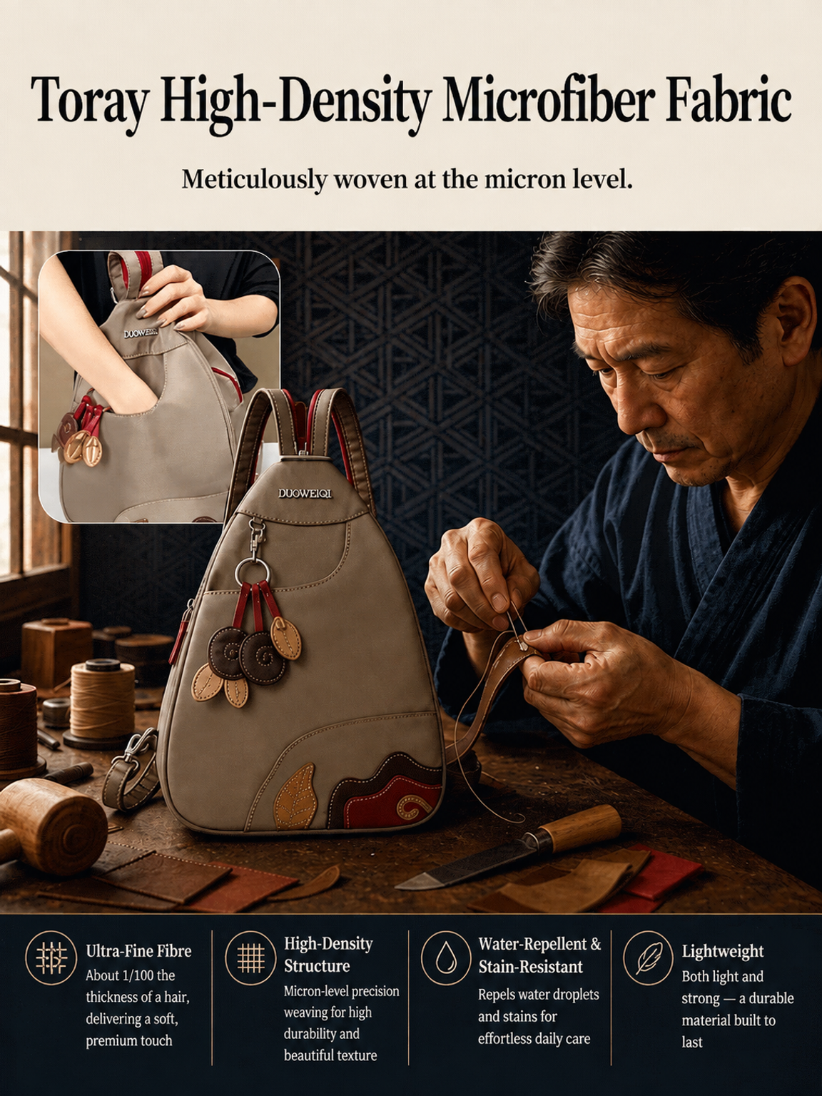 Toray High‑Density Micro‑Fabric 3‑Way Large‑Capacity Casual Bag