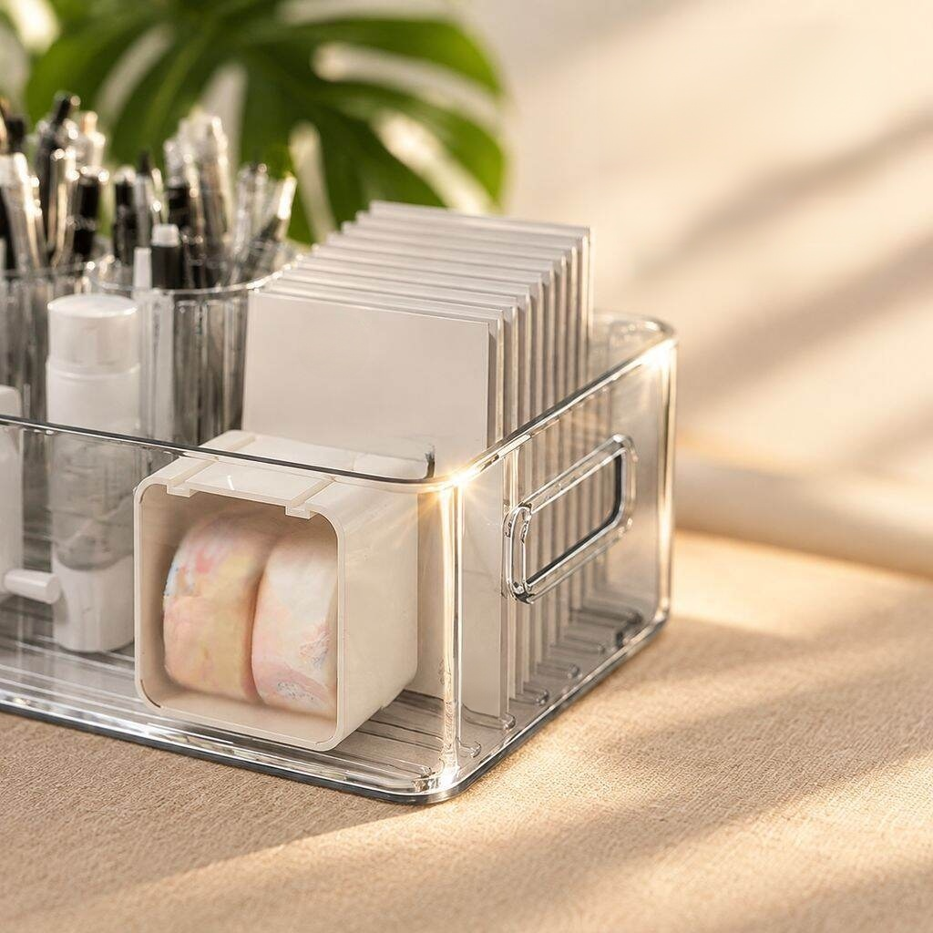 Organizador de escritorio acrílico transparente combinando con decoración minimalista