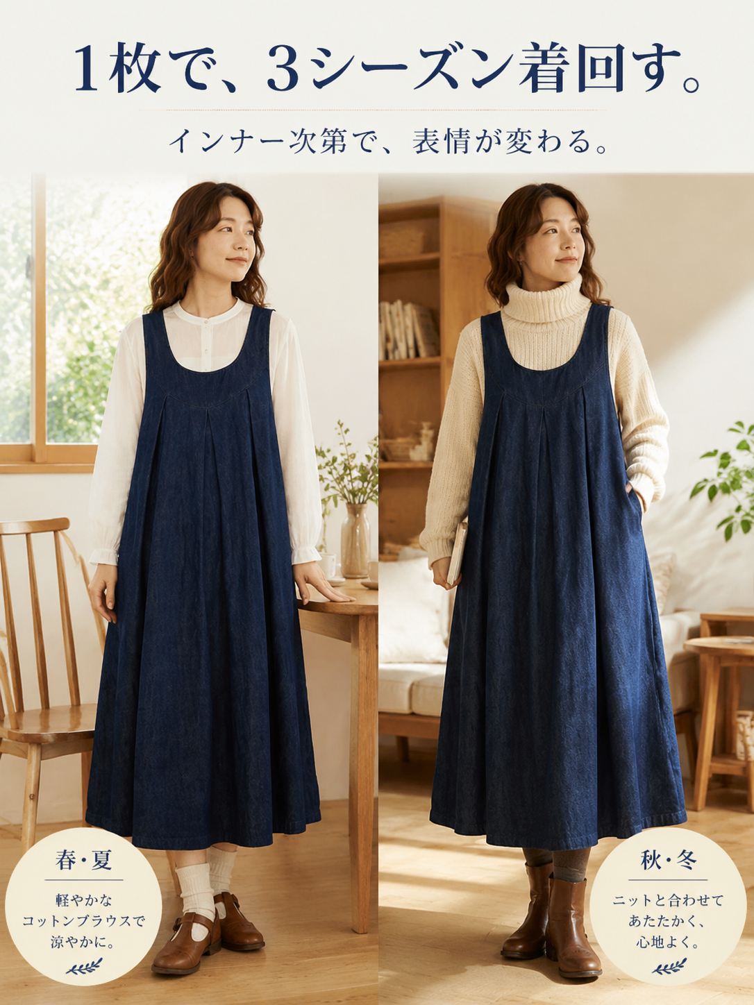 日本風ゆったりデニムベストワンピース