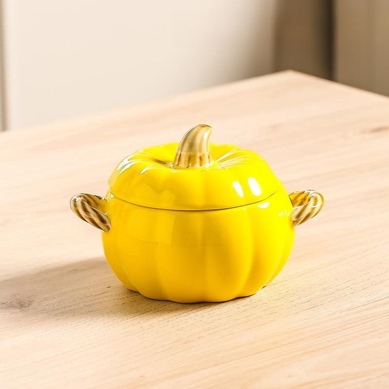 Large Ceramic Pumpkin Soup Bowl with Lid and Double Handles, Anti-scalding for Home Use