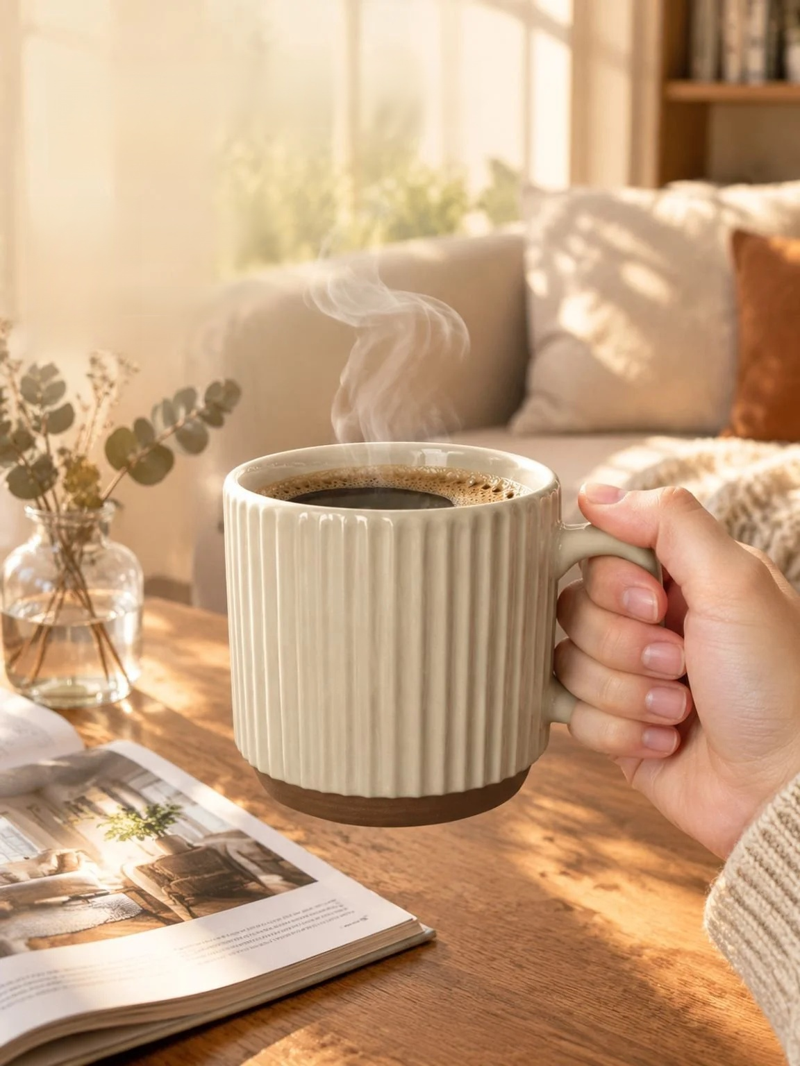 Overhead view of the vertical stripe pattern on the stacking mug