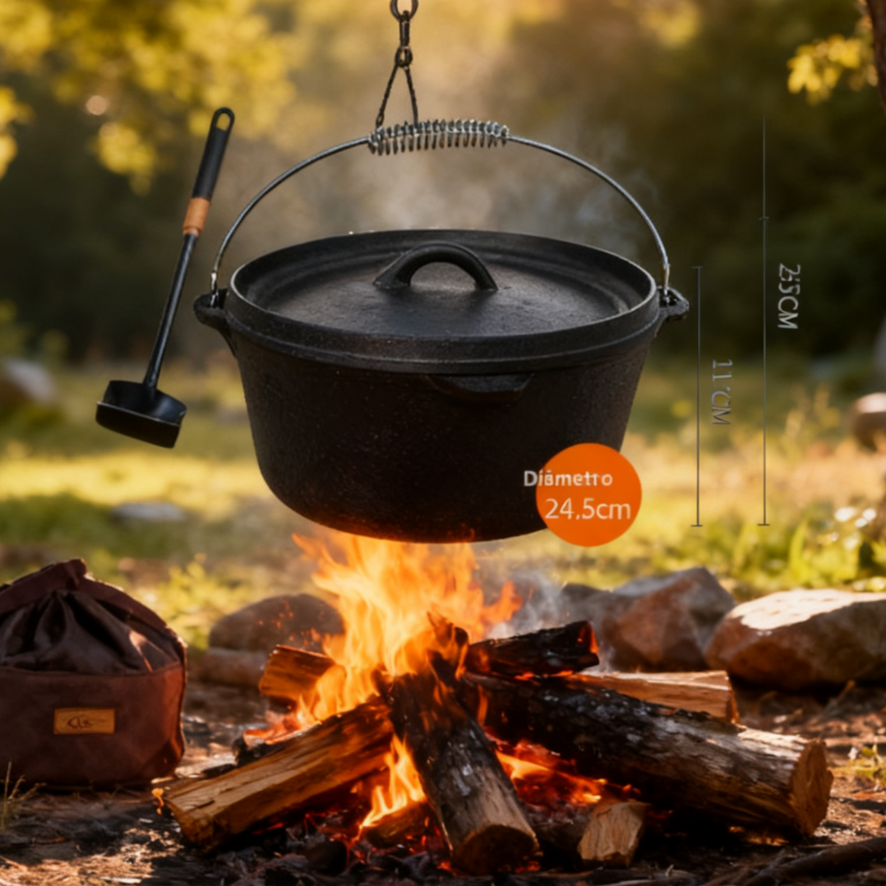 Olla colgante de hierro para cocinar al aire libre, hervir agua y guisar