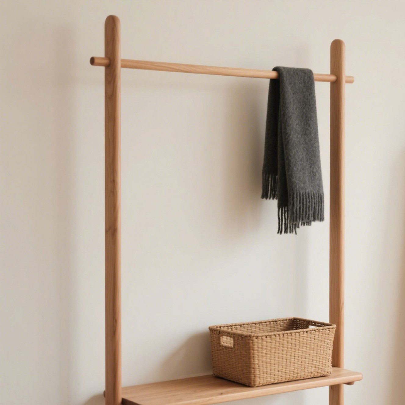 木目デザインのハンガーが並んでいる様子