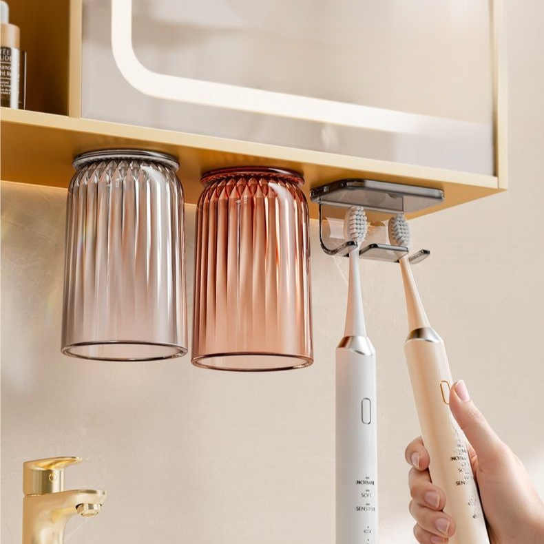 Mirror cabinet magnetic toothbrush holder inverted mouthwash cup family of four wall-mounted punch-f