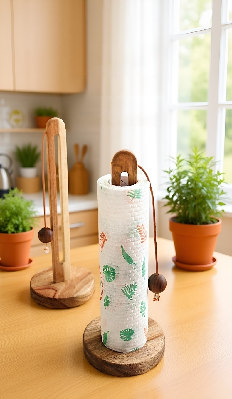 Punch-Free Wooden Kitchen Paper Towel Rack installed under a kitchen cabinet