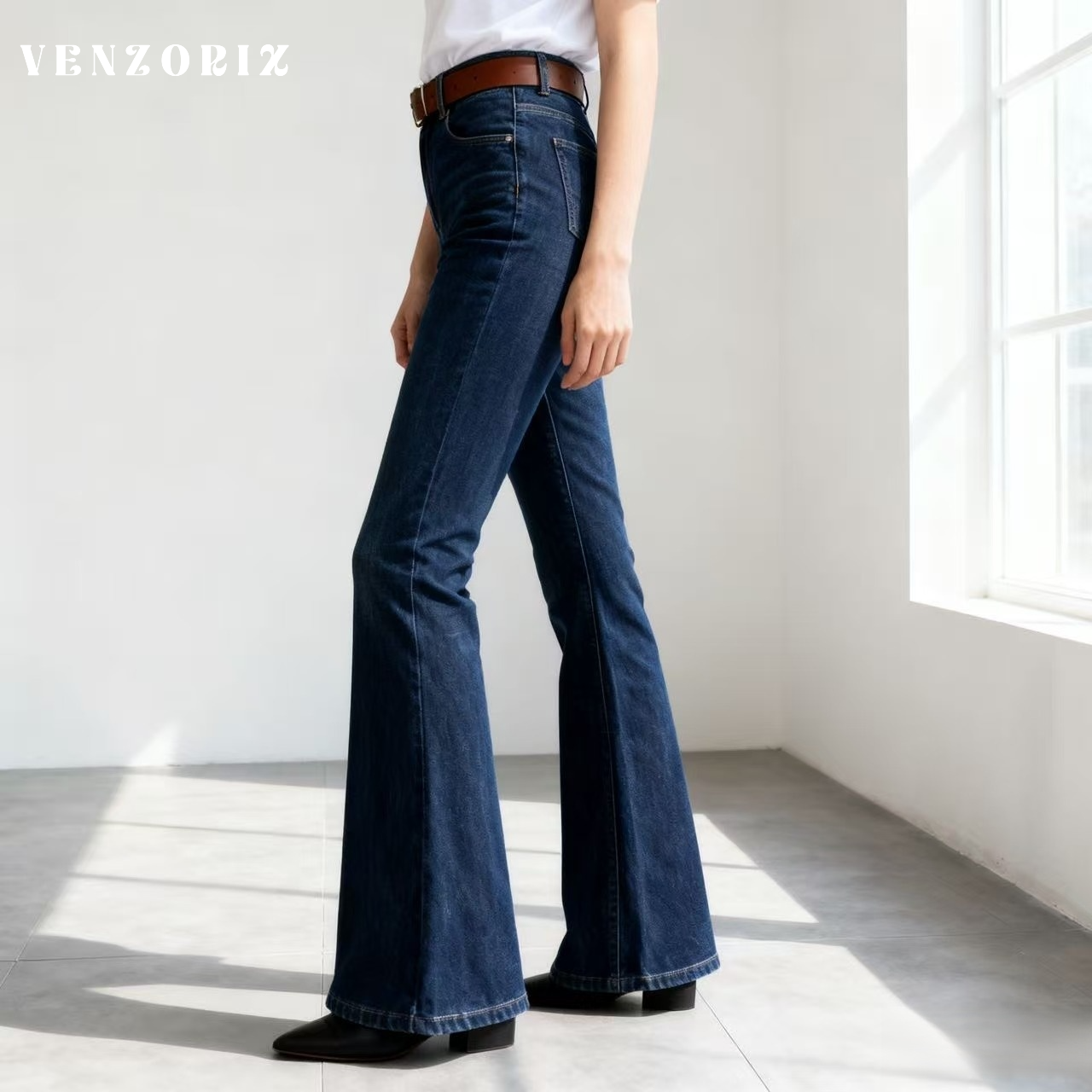 레트로 워시드 블루진 여성 가을 ​​겨울 패션 살짝 플레어 모핑 와이드 레그 팬츠