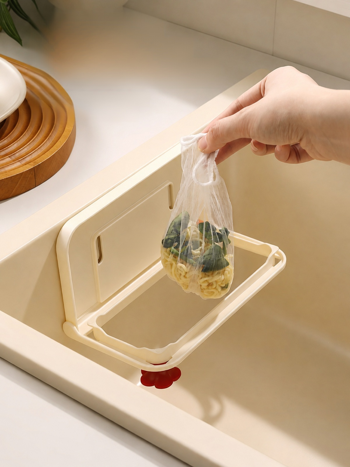 Close-up of the mesh surface on a folding sink drainage frame