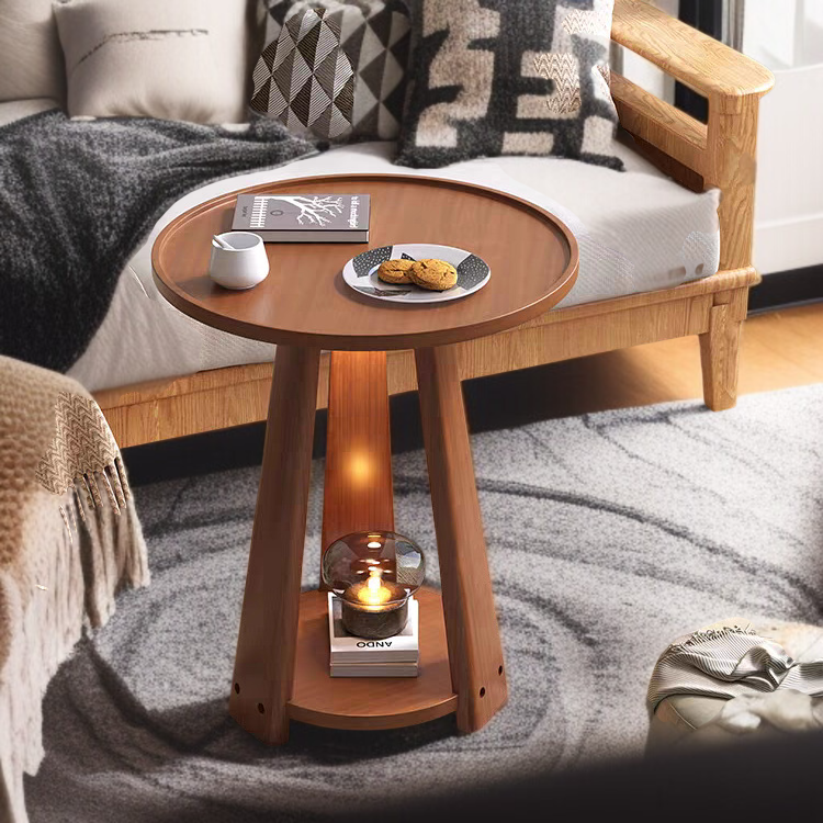 Nordic simple sofa side table home living room double layer small round table solid wood coffee tabl