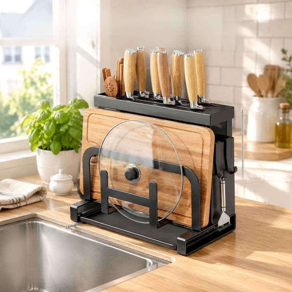 Porte-Couteaux Multifonction Support Planche et Couvercle Cuisine