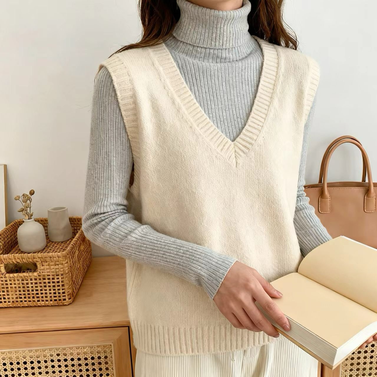 베이지색 니트 조끼