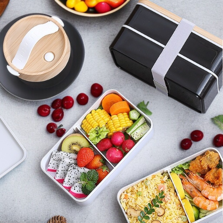 アウトドア弁当箱 ダブルランチボックス 密封された蓋付きの学生カトラリーセット 電子レンジ可能な屋外ポータブルランチボックス