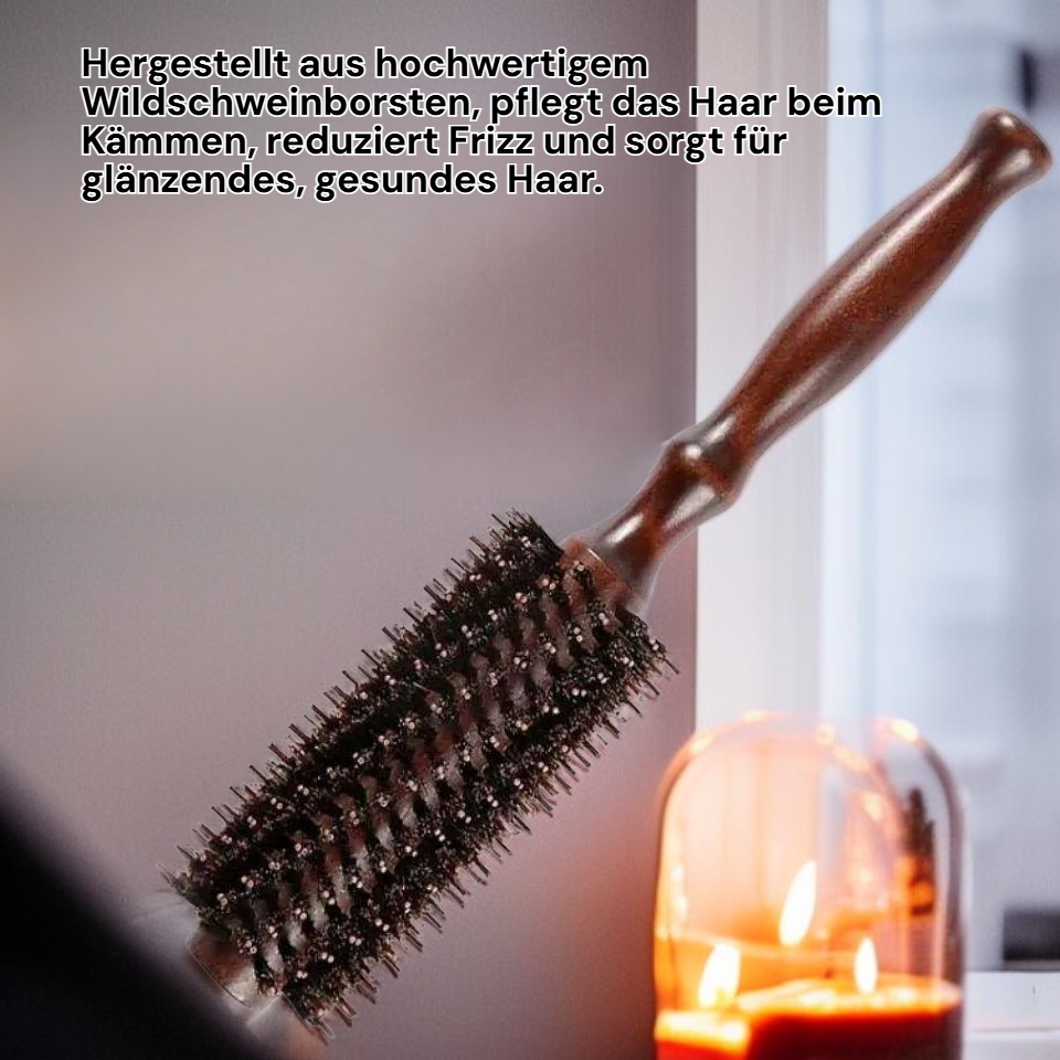 Haarrundbürste mit Wildschweinborsten, Stylingbürste zum Föhnen, Innenwellen und Volumen