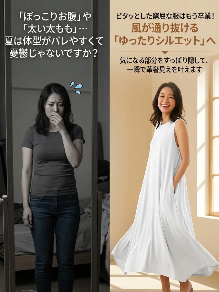 クルーネック半袖ゆったりワンピース