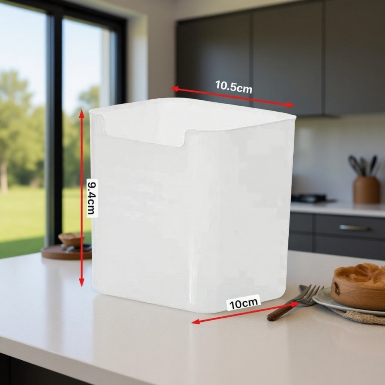 Refrigerator side door storage box holding snacks and bottles