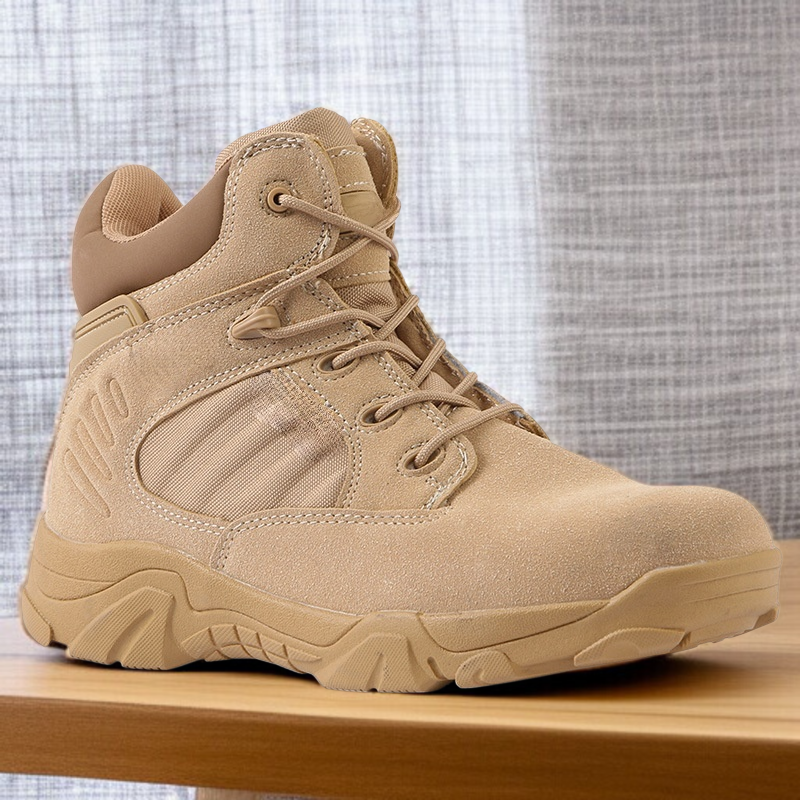男性用デザート戦術トレーニングブーツ滑り止め耐摩耗ロートップミリタリーブーツ