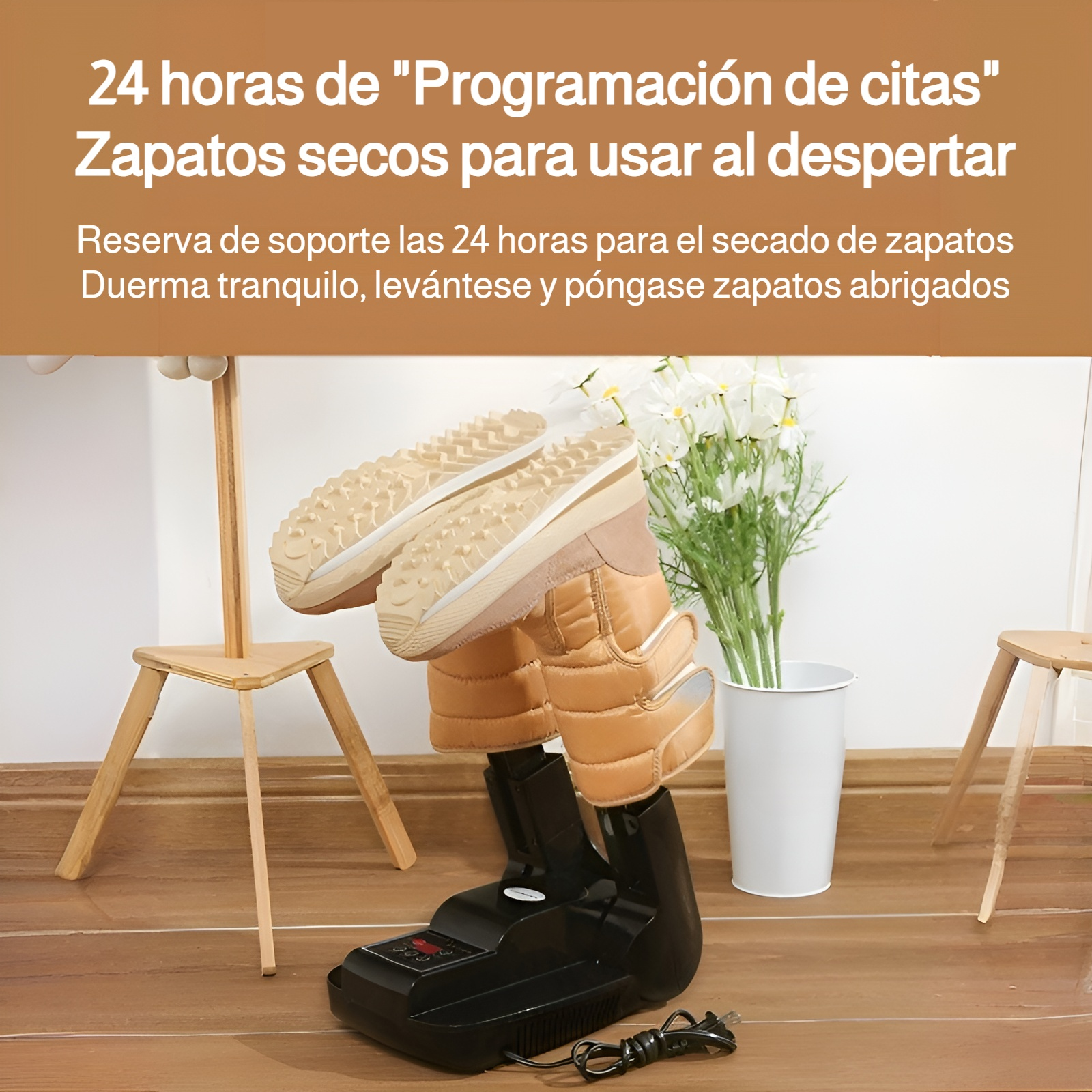 Dispositivo de secado de zapatos en funcionamiento calentando calzado