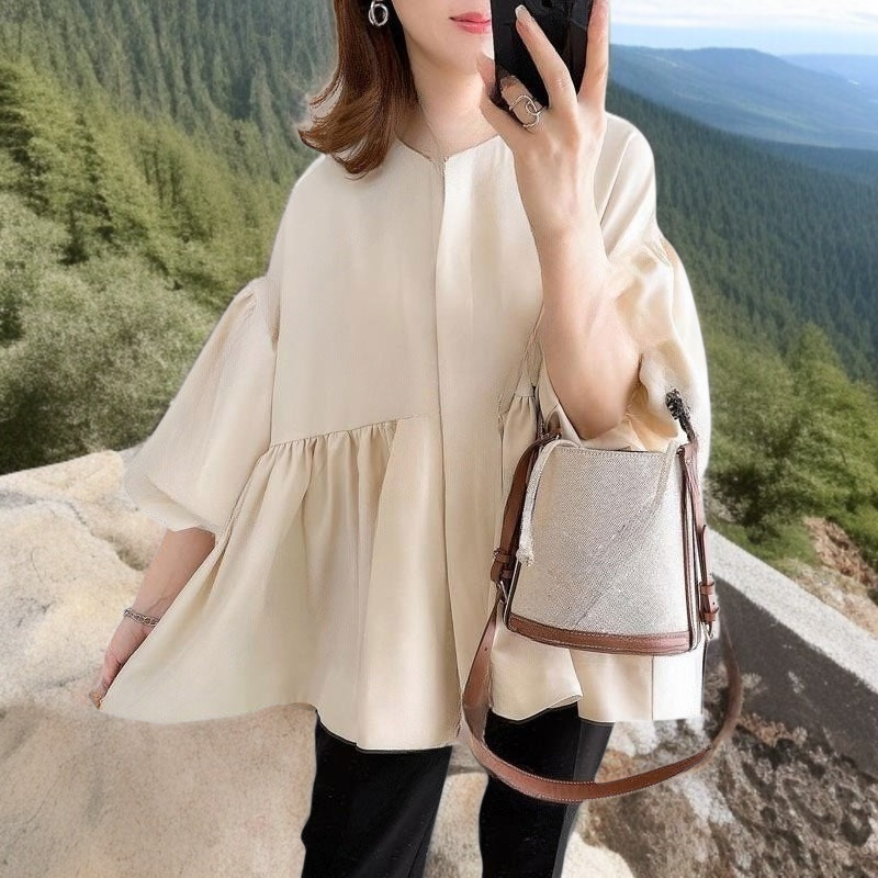 인형 셔츠 암문 라운드 루즈 인형 셔츠 암문 라운드 탑