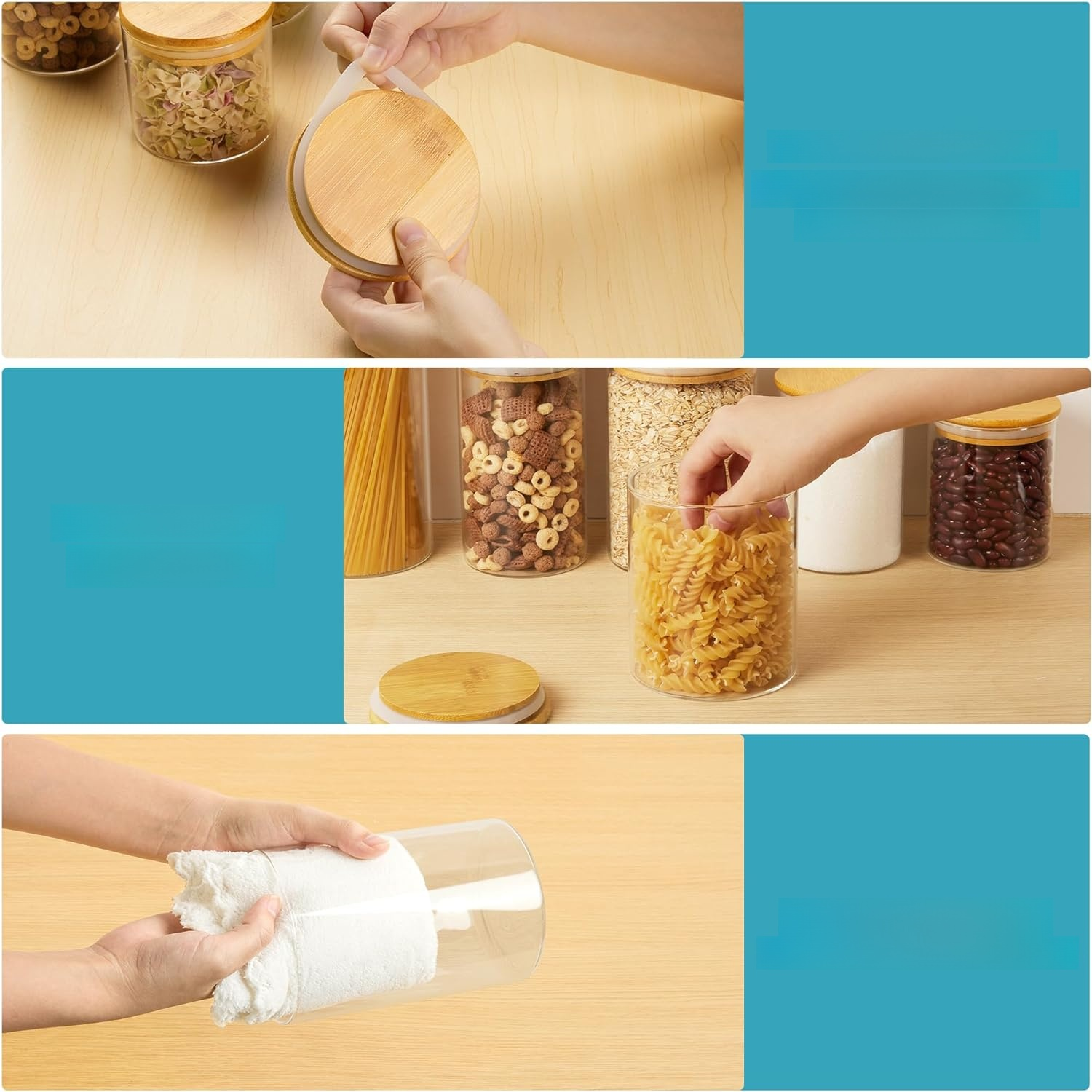 Frascos de especias de vidrio con tapas de bambú