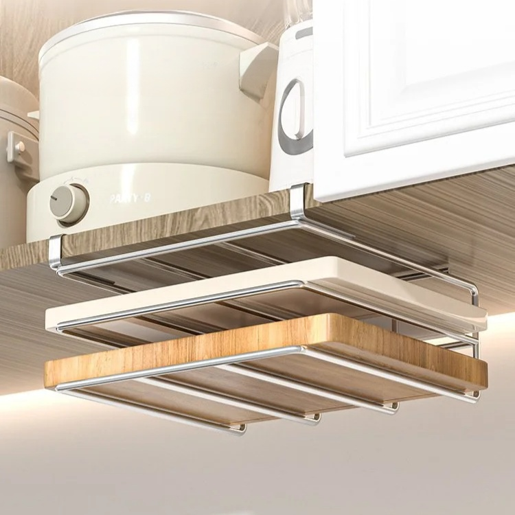 Stainless Steel Multifunctional Kitchen Pot Lid and Cutting Board Organizer Rack with Hooks