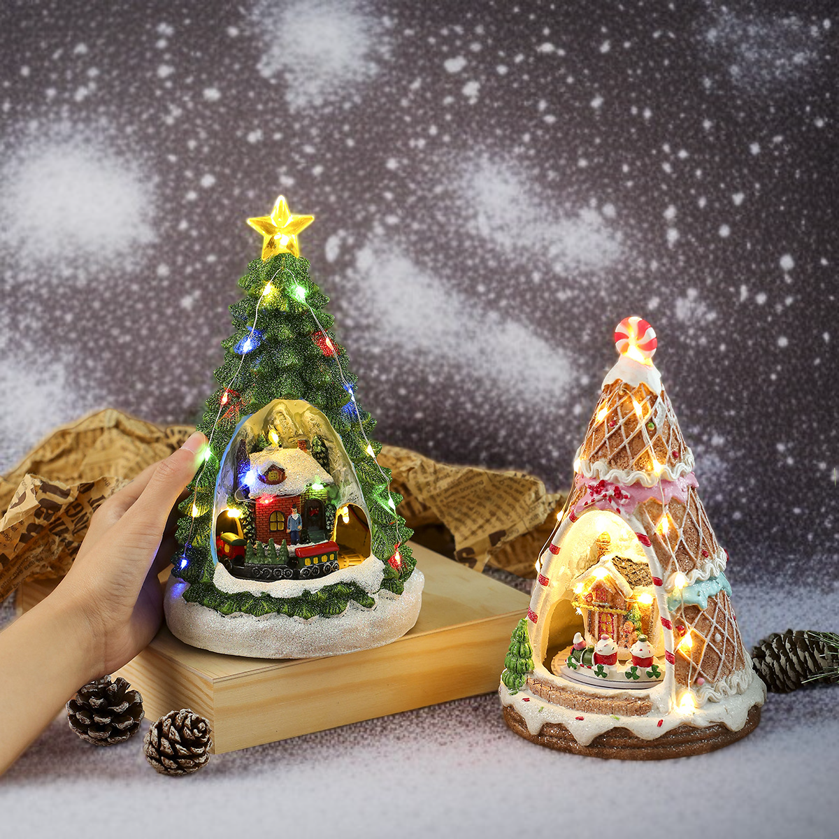 クリスマス用回転樹脂製光るオルゴールのオーナメント各種