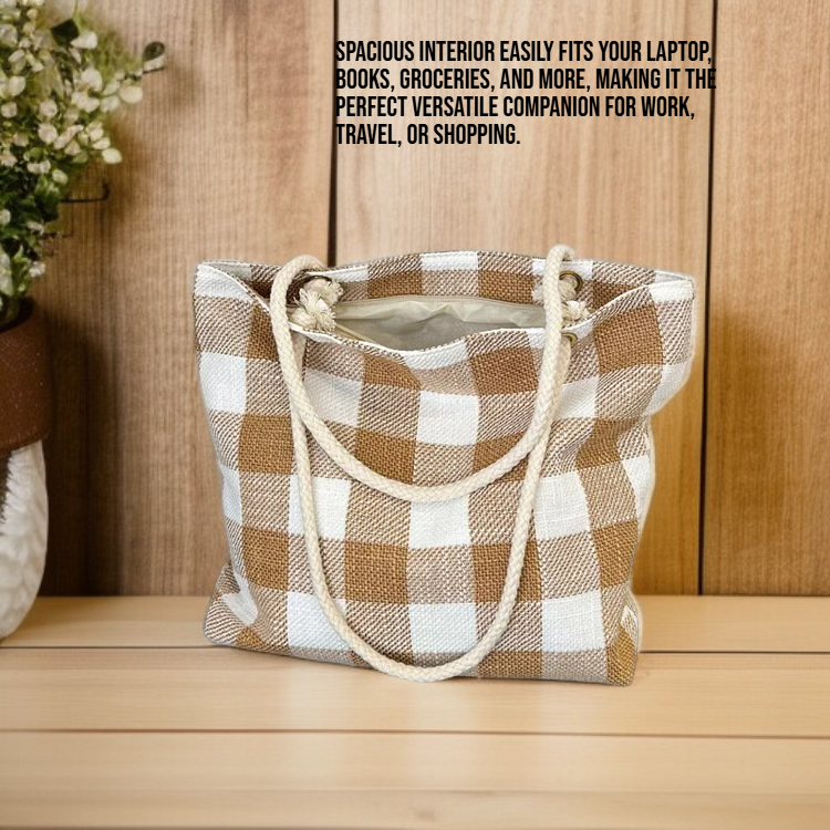 Big Plaid Canvas Tote Bag, Spacious Shoulder Handbag