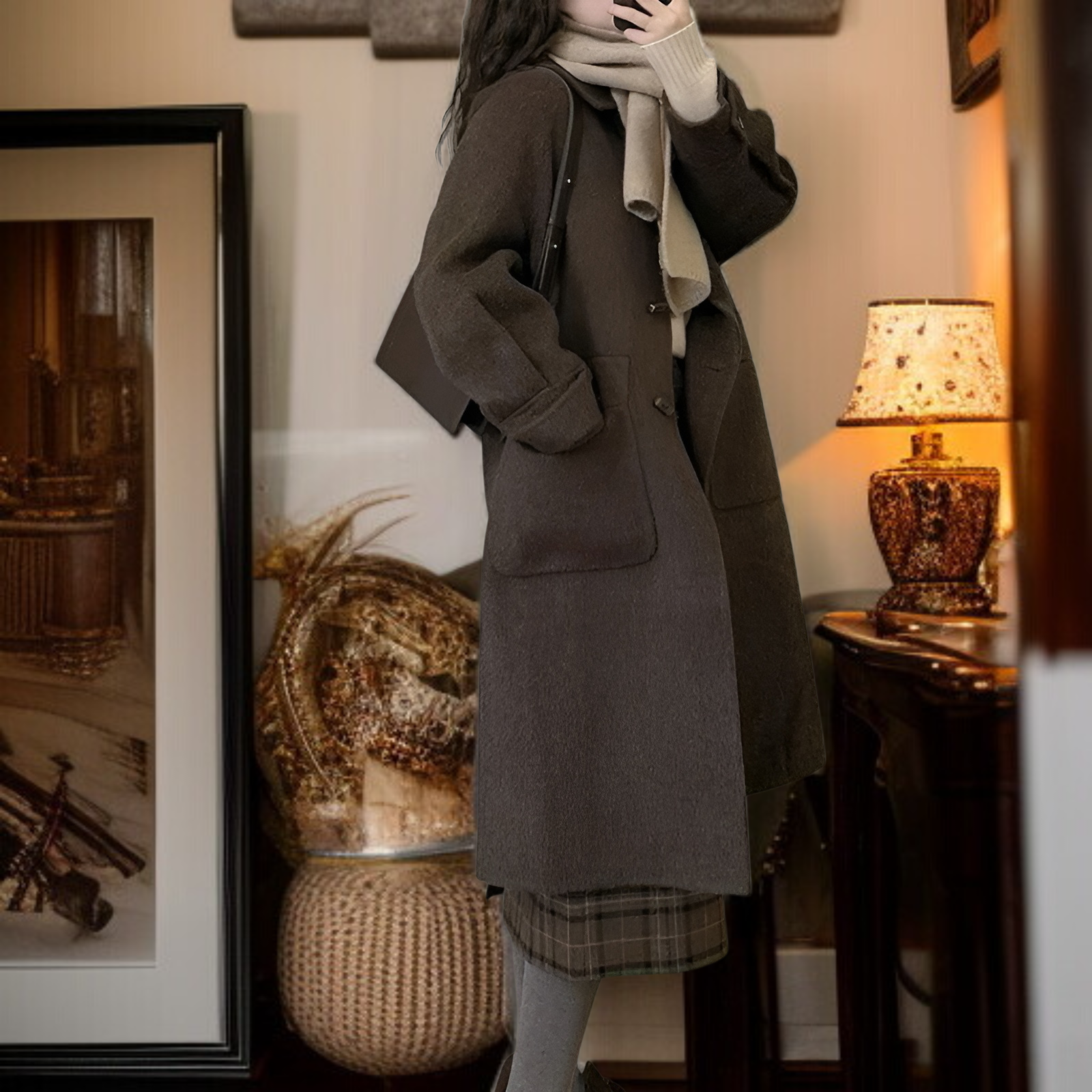 계절 밖의 갈색 더플 코트