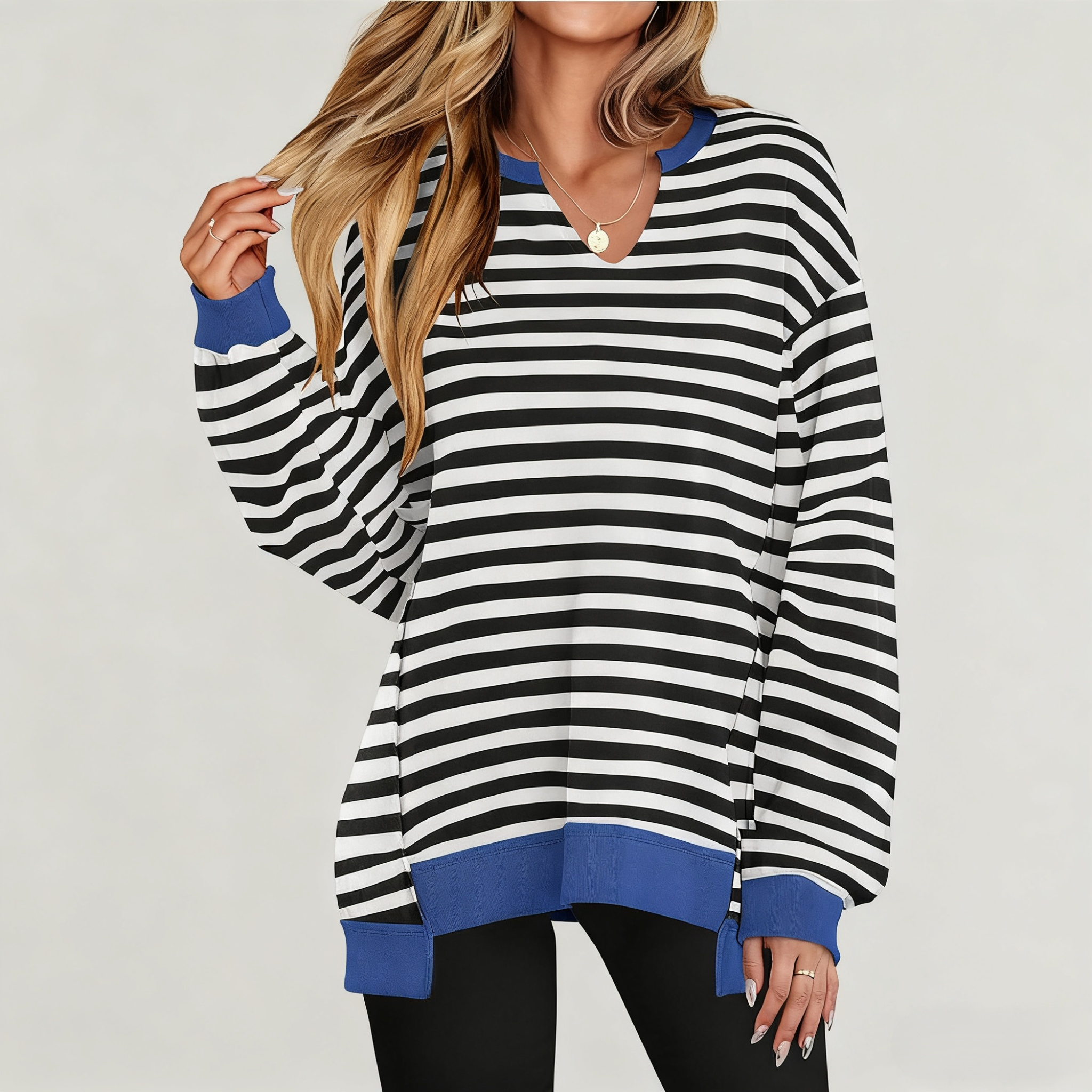Lockeres Sweatshirt mit bunten Streifen und V-Ausschnitt, lässiger Stil