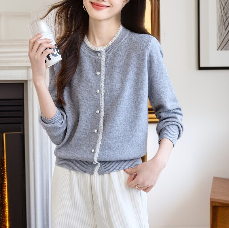 여성 그레이 니트 가디건 아우터 무드 상의 레이스 긴팔 니트
