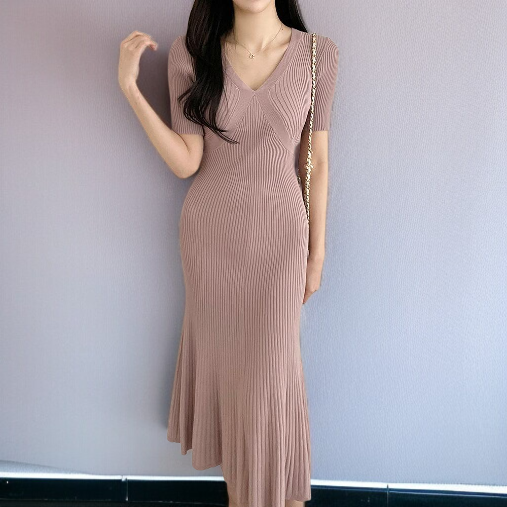 반팔 슬림 미디스커트 솔리드 니트 브이넥 풀오버 원피스